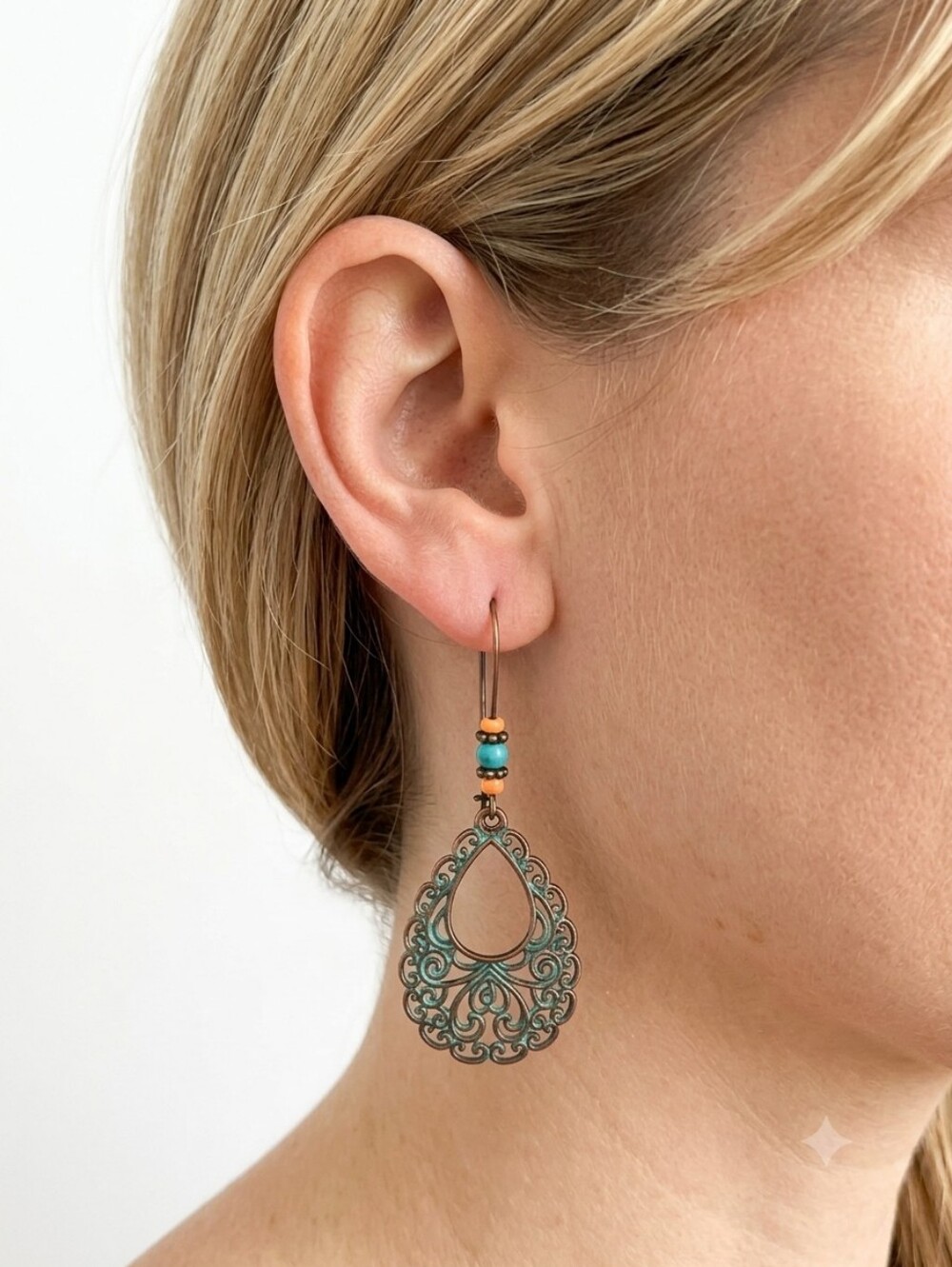 Bohemian Turquoise Patina Teardrop Filigree Earrings Brown Blue Lightweight